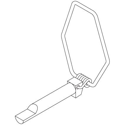 Line drawing of a rear-view mirror with a geometric shape mounted on an extended handlebar attachment, featuring the safety of a Sparex Safety Linch Pin (Pin Ø8mm x 57mm) | Sparex Part No. S.29109.