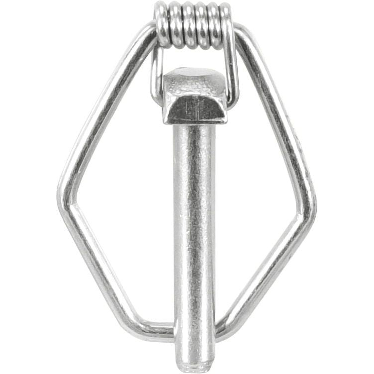 Close-up of a Massey Ferguson metal buckle with a hinged pin and geometric frame design, often used for fastening or adjusting straps, similar to the efficiency of the Sparex Safety Linch Pin (Pin Ø10mm x 58mm), Part No. S.29110 by Sparex.