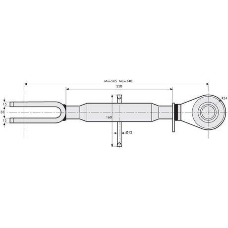 Technical drawing of the Levelling Box Assembly (Sparex Part No. S.29161) relevant for Case IH equipment, displaying measurements and dimensions labeled, with a minimum length of 565mm and a maximum length of 740mm.