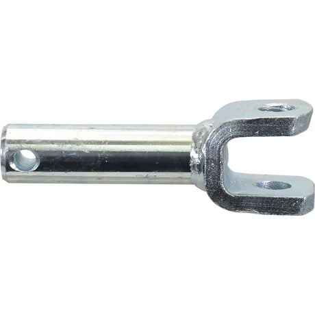 The Sparex Lower Link Pin 28x Cat. (Sparex Part No.S.29167) is a metal clevis equipped with a cylindrical rod, two flat prongs featuring holes for pins, and a designated working length.