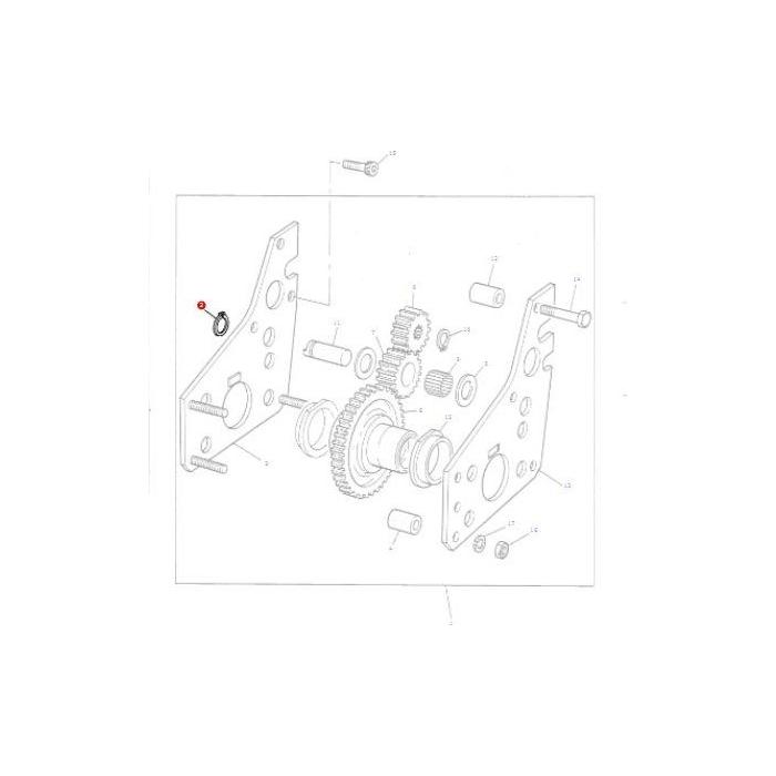 Exploded diagram of mechanical components, including gears, plates, and various smaller parts labeled with reference numbers and serial numbers for the Massey Ferguson - Circlip Gear Train (Product Number: 70927732) by AGCO.