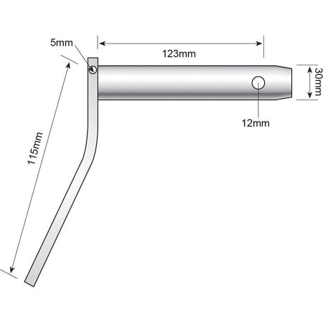 Technical diagram of the Sparex Lower Link Pin - Double Shear 30x123mm Cat.30mm (Sparex Part No. S.29238), with various dimensions labeled, including 115mm height, 123mm length, 30mm width, and hole diameters of 5mm and 12mm.
