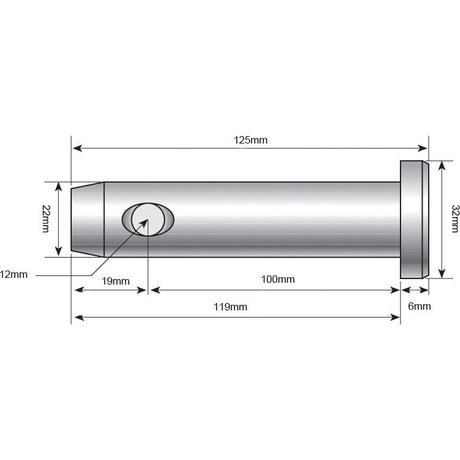 Technical drawing of the Sparex Lower link pin 22x100mm Cat. 1 (Sparex Part No. S.29241) showing precise measurements, including an overall length of 125mm, a diameter of 22mm at the wider end (Pin Ø 22mm), and a flange diameter of 32mm.