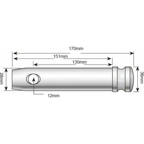 Diagram of a cylindrical object with dimensions, including the Lower link pin 28x130mm Cat. 2. It is 170mm in length, 30mm in diameter, with a 28mm section. Markings include lengths of 151mm and 130mm, with a 12mm button on one side. Suitable for Tariff Code 7319909000 under Sparex Part No.S.29255 specifications.
