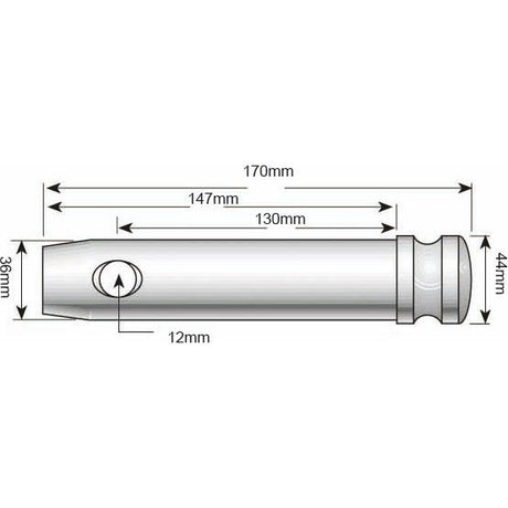 Diagram of a Lower link pin 36x130mm Cat. 3 (Sparex Part No. S.29256) with dimensions labeled: length 170mm, working length 130mm, diameter 44mm at one end, 35mm at the other, and a hole Ø12mm feature.