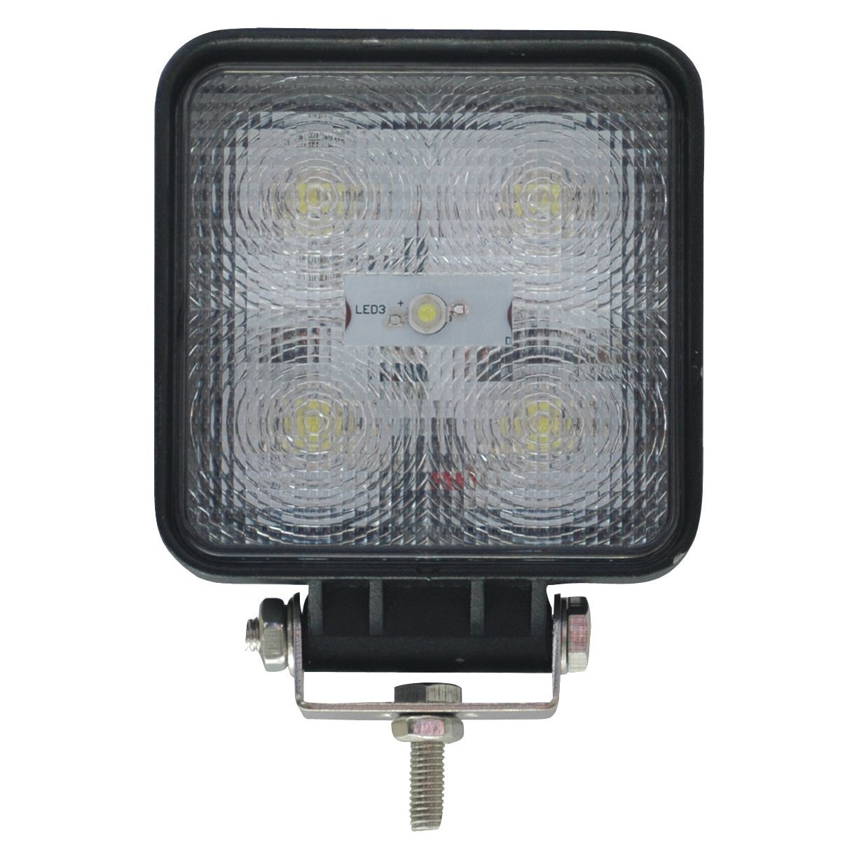 The Sparex LED Work Light (S.29318) features a square design with four individual light elements, a bottom mounting bracket for easy installation, and detailed product specifications available for review. It delivers 1800 lumens and operates on a voltage range of 10-30V, classified under Interference Class 1.