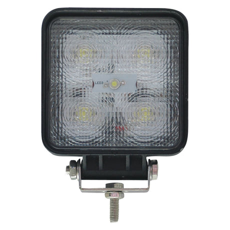 The Sparex LED Work Light (S.29318) features a square design with four individual light elements, a bottom mounting bracket for easy installation, and detailed product specifications available for review. It delivers 1800 lumens and operates on a voltage range of 10-30V, classified under Interference Class 1.