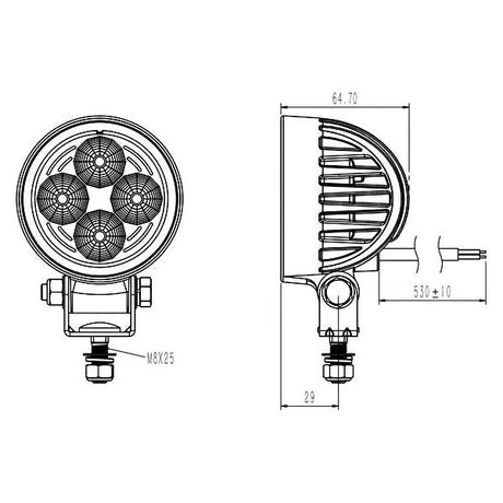 Technical drawing of the LED Work Light, Interference Class 1, 900 Lumens Raw, 10-30V - S.29319 by Sparex with front and side views, including dimensions and mounting details. Suitable for various interiors, the illustration provides comprehensive information for hassle-free installation.