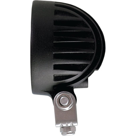 Side view of the Sparex black round LED Work Light (S.29319) with a ribbed housing and a silver mounting bracket, delivering 900 lumens raw and suitable for various applications within a 10-30V range.