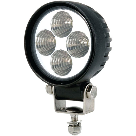 The Sparex LED Work Light, model S.29319, is a round black light featuring five individual LEDs mounted on an adjustable metal bracket. Emitting 900 lumens and compatible with 10-30V systems, it is interference Class 1 rated, making it suitable for various tasks and environments. Manufactured with precision for durability and optimal performance.