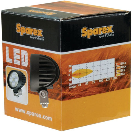 Box of a Sparex LED Work Light, model S.29319, displaying the product image, a graph indicating light intensity, and company branding with the website URL www.sparex.com. Suitable for various applications, it provides clear information on its Class 1 interference rating, 900 lumens raw output, and voltage range of 10-30V.