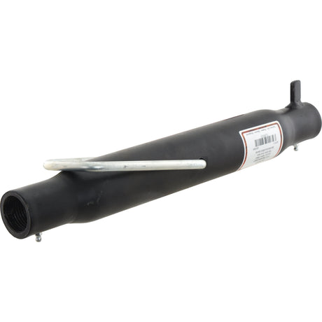 The Top Link Centre Tube - M36x3 Metric - 460mm (S.29323) by Sparex is a black steel pipe with a threaded end and a metal handle. A barcode and label displaying manufacture information are attached to its surface.