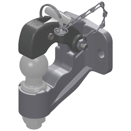 An illustration of the Sparex Heavy Duty Dual Hitch 17mm Hole - S.29385, featuring a locking mechanism and chain, ideal for attaching trailers.