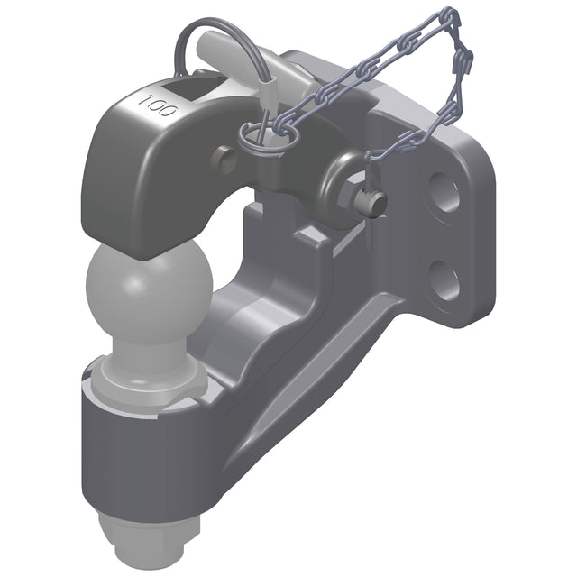 A digital rendering of the Heavy Duty Ball Hitch Dual Function 13mm Hole - S.29387 by Sparex, featuring a ball and pintle hook combination suitable for various towing needs, along with an attached safety chain.