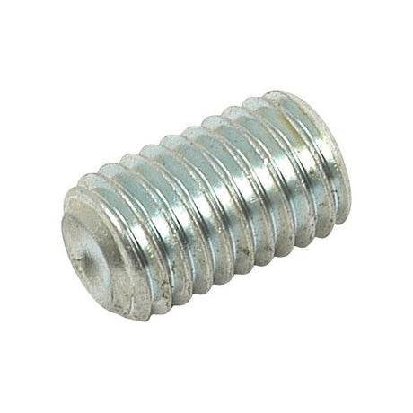 A small, cylindrical metal Metric Socket Setscrew with a slotted head, featuring a fully threaded body and 14.9 tensile strength.