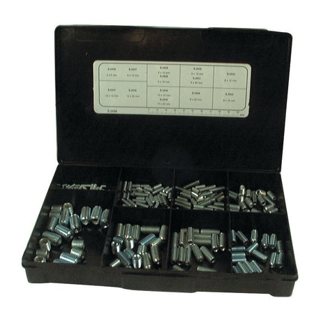 A black plastic box with multiple compartments containing various sizes of metal dowels, inclusive of the Sparex Metric Socket Setscrew (M4 - 12x6 - 20mm, DIN 916) with a tensile strength of 8.8, and a sizing chart on the inside of the lid.