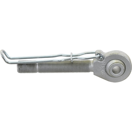 The Top Link Ball End - M30x3 Metric - Cat.2 by Sparex, Sparex Part No.S.29429, is a metal threaded rod featuring a circular eyelet at one end and a bent wire clip attached, commonly used in mechanical assemblies and often designed with specific overall lengths for precise applications.