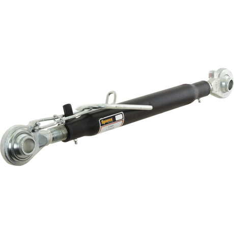 The Sparex Top Link (Cat.2/2) Ball and Ball, M30 x 3.00, Min. Length: 630mm – S.29452 is a metal hydraulic top link featuring a black central cylinder, metal fittings on each end, a small attached label with manufacturing information, and a spring-loaded pin.