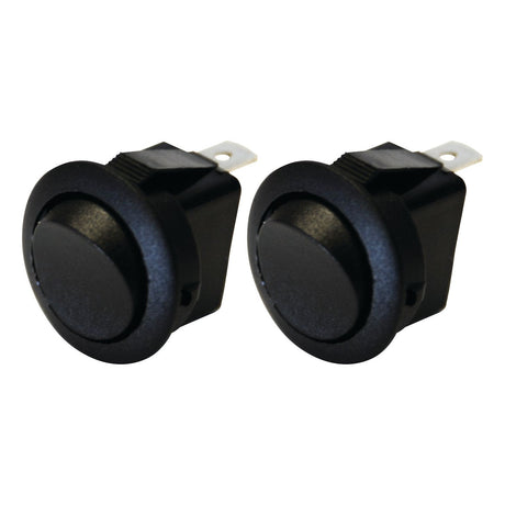 Two Rocker Switch Miniature - Universal Fitting, 2 Position (On/Off) from Sparex, featuring round black push-buttons with metal connectors, suitable for various applications.