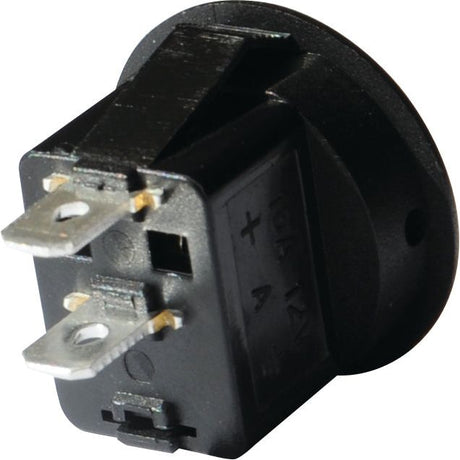 A close-up of the Sparex Rocker Switch Miniature - Universal Fitting, 2 Position (On/Off) - S.29474, featuring a black round design with two metal prongs, labeled with electrical specifications and suitable for various applications.