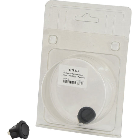 An unopened package of the Sparex Rocker Switch Miniature - Universal Fitting, 2 Position (On/Off), labeled "S.29475", includes installation instructions. This switch is suitable for various applications and comes with detailed manufacturing information inside the package.