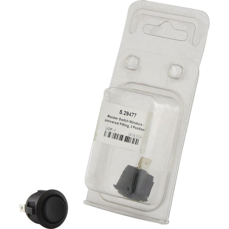 A black rocker switch in its plastic packaging labeled "Rocker Switch Miniature - Universal Fitting, 3 Position (On/Off/On) - S.29477" by Sparex, suitable for various applications.