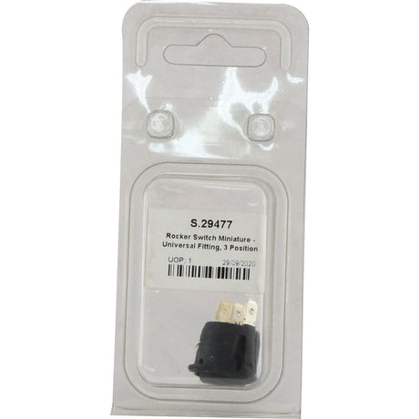 A packaged Rocker Switch Miniature - Universal Fitting, 3 Position (On/Off/On) labeled "S.29477" from Sparex is suitable for universal fitting with 3 positions.