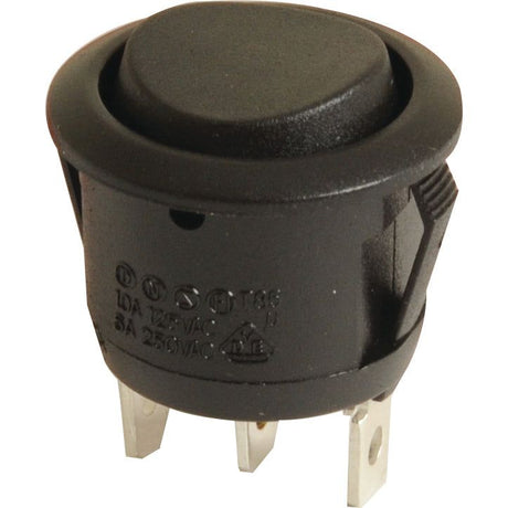 A round, black Sparex Rocker Switch Miniature (S.29478) featuring metal prongs and printed specifications along with manufacture information on the side, designed for universal fitting with 3 positions (On/Off/On).