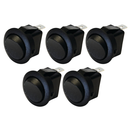 Five Sparex Rocker Switch Miniatures - Universal Fitting, 3 Position (On/Off/On), with metal terminals, arranged in two rows. Suitable for various applications.