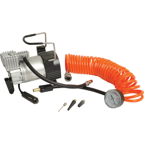 The Heavy Duty Air Compressor - S.29523 by Sparex includes an orange coiled hose, a pressure gauge, a power cord, and various nozzle attachments. It is suitable for a wide range of inflation tasks. For detailed product specifications and manufacturer information, please refer to the included manual.