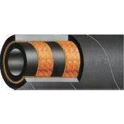 Cross-sectional view of the Dicsa Trale Hydraulic Hose - 5/16'' 2SN 2 Wire Standard (Roll) by Sparex, showcasing multiple layered materials: an outer black layer, an inner orange layer with a lattice design, and a black inner lining. Complies with DIN EN853-2SN-SAE100 standards. Sparex Part No.S.29641.