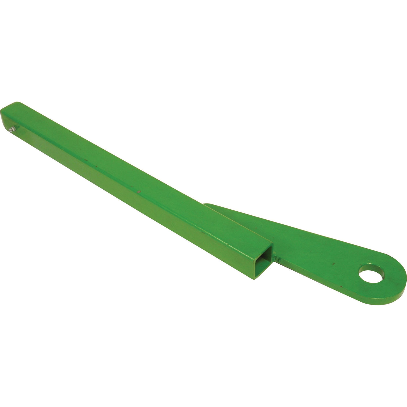 A Pickup Hitch Lift Arm Tube RH (Sparex Part No. S.29739) from the brand Sparex, featuring a green metal lever with a rectangular body and a circular hole at one end, resembling a component from a John Deere machine.