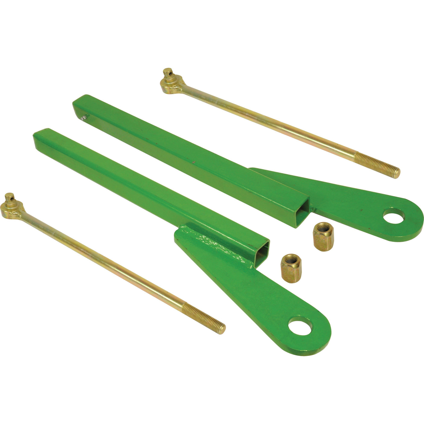 Green metal bars with circular holes at one end and two threaded gold rods with nuts, depicted against a white background, are components of the Pickup Hitch Kit (Sparex Part No. S.29744) compatible with John Deere, brought to you by Sparex.