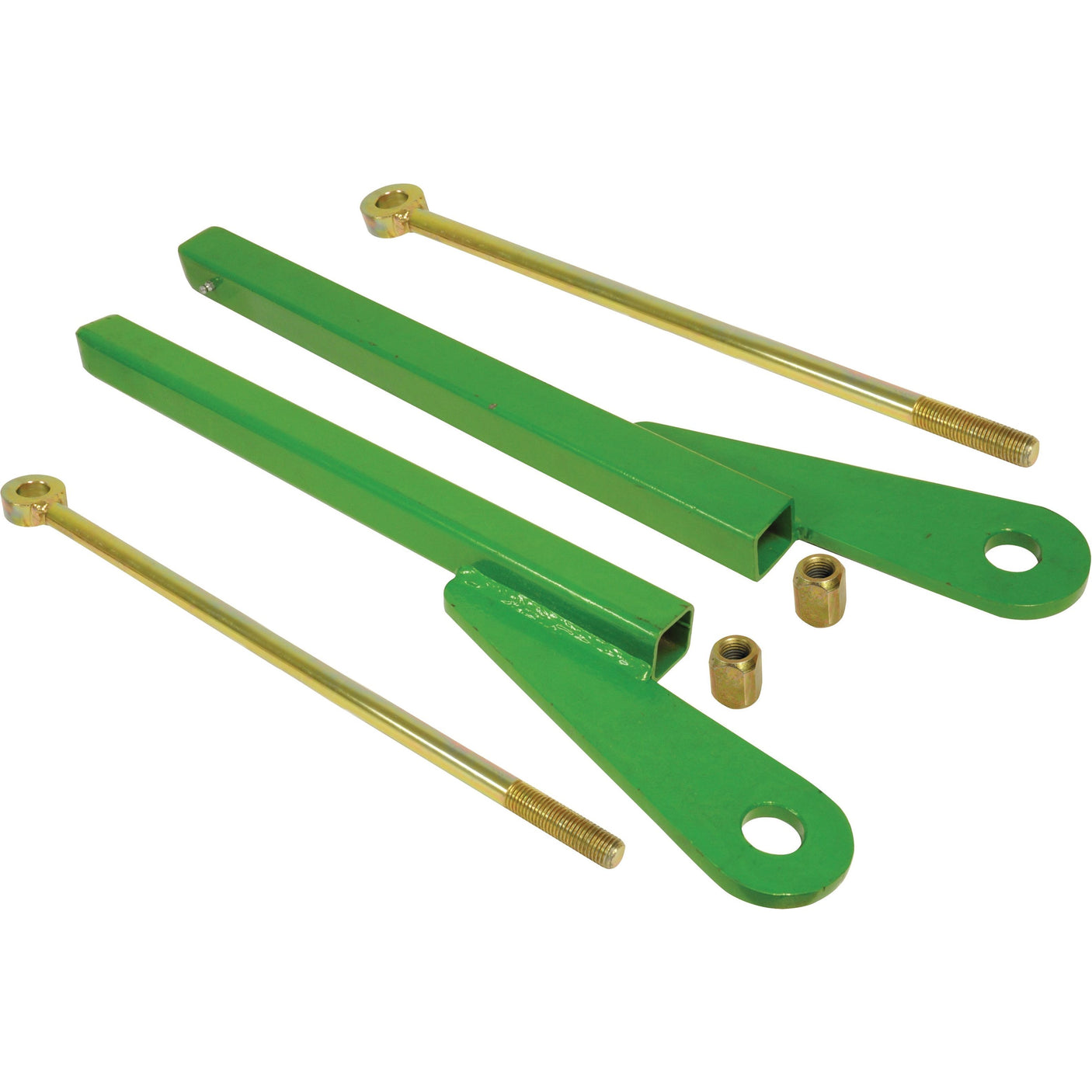 Green metal brackets and rods with yellowish bolts, likely part of the Sparex Pickup Hitch Kit (Sparex Part No. S.29745) or suitable for John Deere mechanical or structural assemblies.