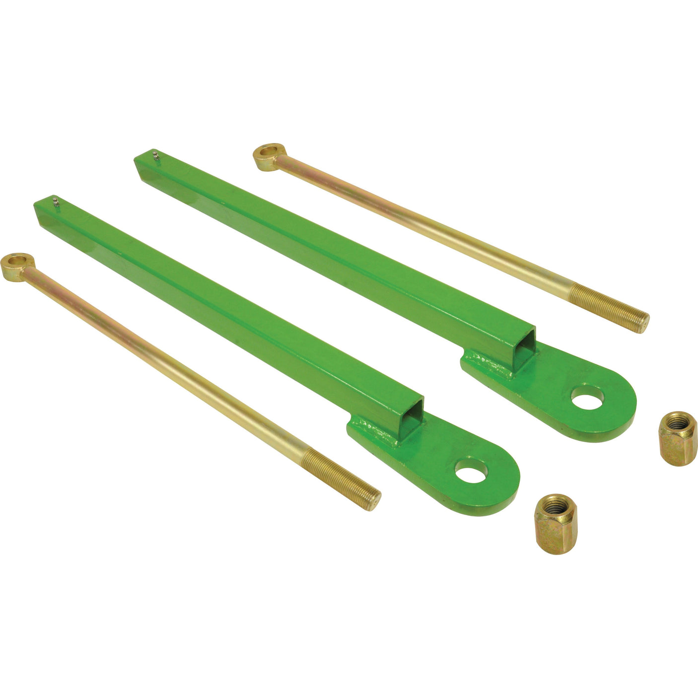 Two green metal bars with eyelets at one end and two long golden rods with threaded ends, accompanied by two matching hex nuts, are laid out on a white surface. This Pickup Hitch Kit (Sparex Part No.S.29746) from Sparex is compatible with John Deere equipment.