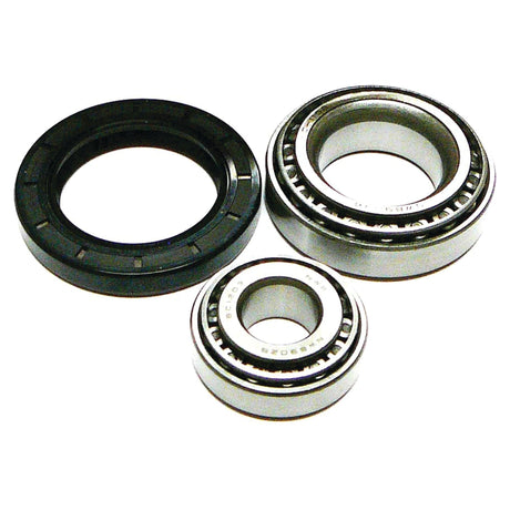 Three different sizes of ball bearings are arranged in a group against a white background. One bearing is black, while the other two are metallic. For manufacturing information and specifications about the Wheel Bearing Kit - S.2974 by Sparex, please contact us.