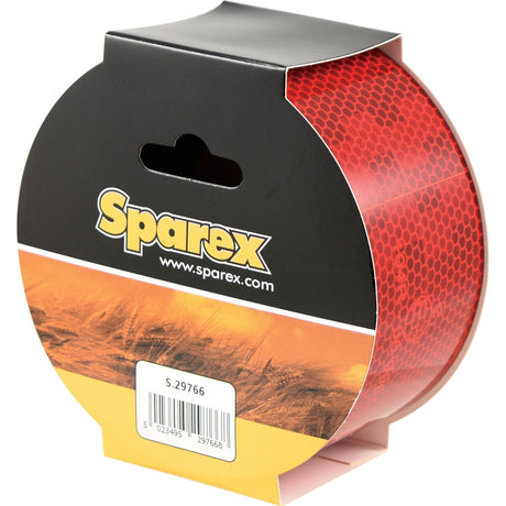 A roll of red conspicuity tape, measuring 50mm in width and 12.5m in length, comes packaged in a black and yellow box branded with "Sparex." The box features a handle and bears the barcode "S.29766." Suitable for various applications, it ensures high visibility and safety.