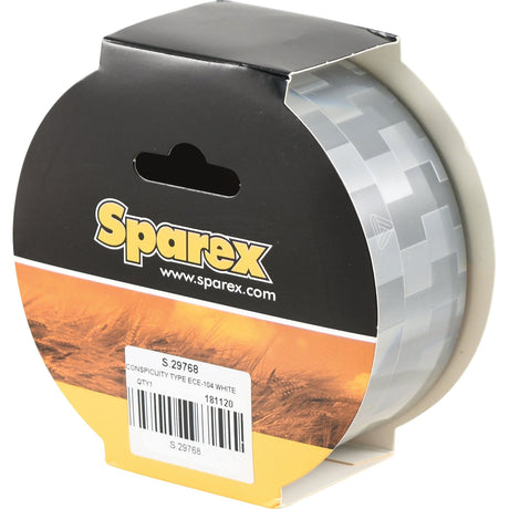 A roll of Sparex White Conspicuity Tape, 50mm x 12.5m (Model S.29768), packaged in a black and yellow box. Suitable for enhancing vehicle visibility according to Manufacture Information.