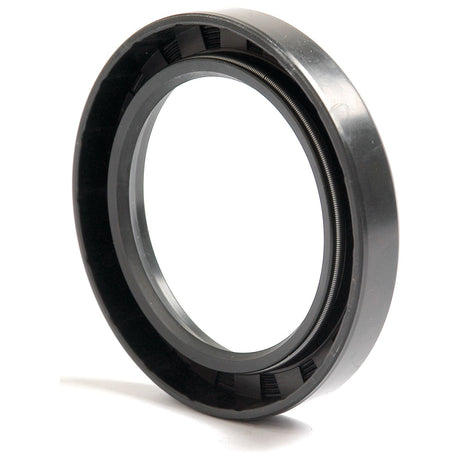 A close-up view of a black oil seal ring, specifically the Sparex Imperial Rotary Shaft Seal, 2 3/8'' x 3 3/8'' x 1/2'' Single Lip | Sparex Part No. S.2977, used in mechanical applications for sealing components to prevent leakage.
