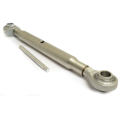 The Top Link (Cat.2/2) Ball and Ball, 1 1/8'', with a minimum length of 535mm from the Sparex brand, featuring two ball joint ends, is displayed alongside a cylindrical pin on a white background, ideal for various applications.