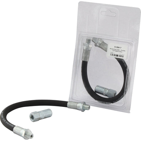 Introducing the Sparex Grease Gun Tube - Flexible (1/8'' BSPT) 30cm Agripak (Part No. S.29817): a heavy-duty hydraulic hose with metal fittings, available both as a standalone item and packaged in a clear plastic case. This flexible hose is ideal for demanding applications, such as use with grease guns.