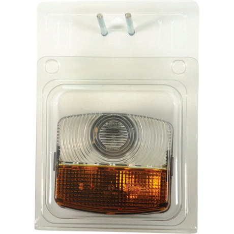 Introducing the Sparex Front Combination Light (Halogen), S.29827 - a versatile 12/24V LH indicator light with a durable polycarbonate lens featuring a clear top section and an amber bottom section. The transparent plastic packaging has a white backing, exposing the light's two metal prongs at the top.