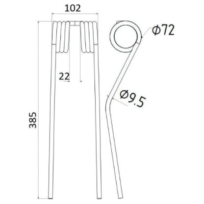 Technical drawing of a Tedder haytine with key measurements: length 385mm, coil diameter 9.5mm, total width 102mm, segment width 22mm, and a specific detail for Sparex Part No. S.29830 (Replacement for Fella 487922) with a precision component measuring precisely 72mm.