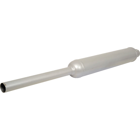 A cylindrical metal object resembling a car muffler with one long and one short pipe extension, the Sparex Silencer - Vertical - S.2983, is suitable for various applications.