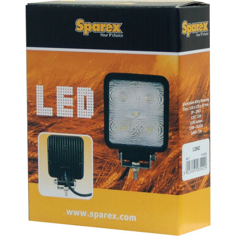 A box for the Sparex LED Work Light (S.29846), displaying both front and back views of the light, includes manufacturer details, product specifications such as "1800 Lumens Raw" and "10-30V," and a website URL.