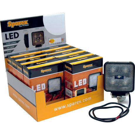 The display of Sparex LED Work Lights (S.29846) in a retail box features multiple individually packaged LED lights and a standalone LED work light with an attached cable at the front. Suitable for various applications, the packaging includes manufacturer information for easy reference. Each light boasts 1800 Lumens Raw and operates within a voltage range of 10-30V, ensuring high performance and versatility without classified interference.