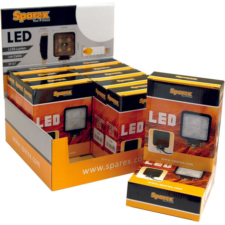 A display of Sparex LED Work Lights in their packaging. The packaging highlights essential manufacture information, such as 1800 raw lumens and a voltage range of 10-30V.