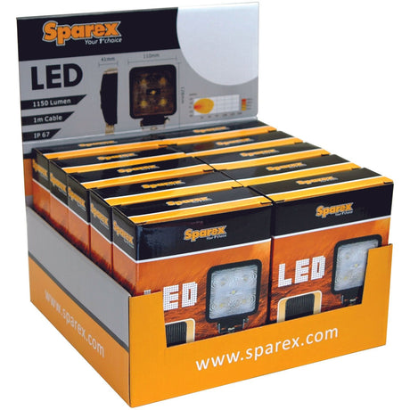 A display box containing several boxed Sparex LED Work Lights. Each box features an image of a square LED light and detailed information about its 1800 lumens raw output, 10-30V voltage range, and IP67 rating, making it suitable for various applications. The product comes in a display pack of 10 pieces under the model number S.29846.