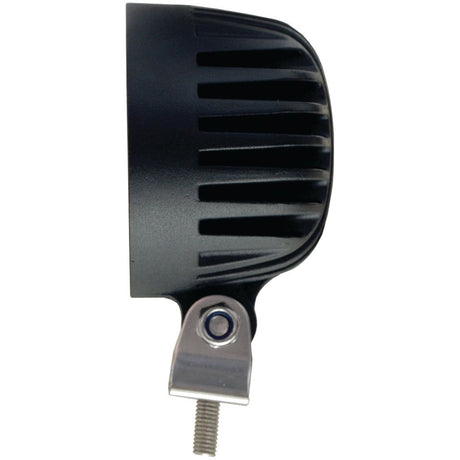 Side view of a black cylindrical object with vent-like grooves and a metal mounting bracket with a screw at the bottom, featuring the Sparex LED Work Light (2400 Lumens Raw) for bright illumination.