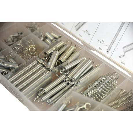 The Extension and Compression Spring Kit (200 pcs.) Compak - S.29881 by Sparex includes a plastic organizer with an assortment of metal extension springs and clips in various sizes, ideal for diverse repair tasks. For detailed manufacturer information, please refer to the included documentation.